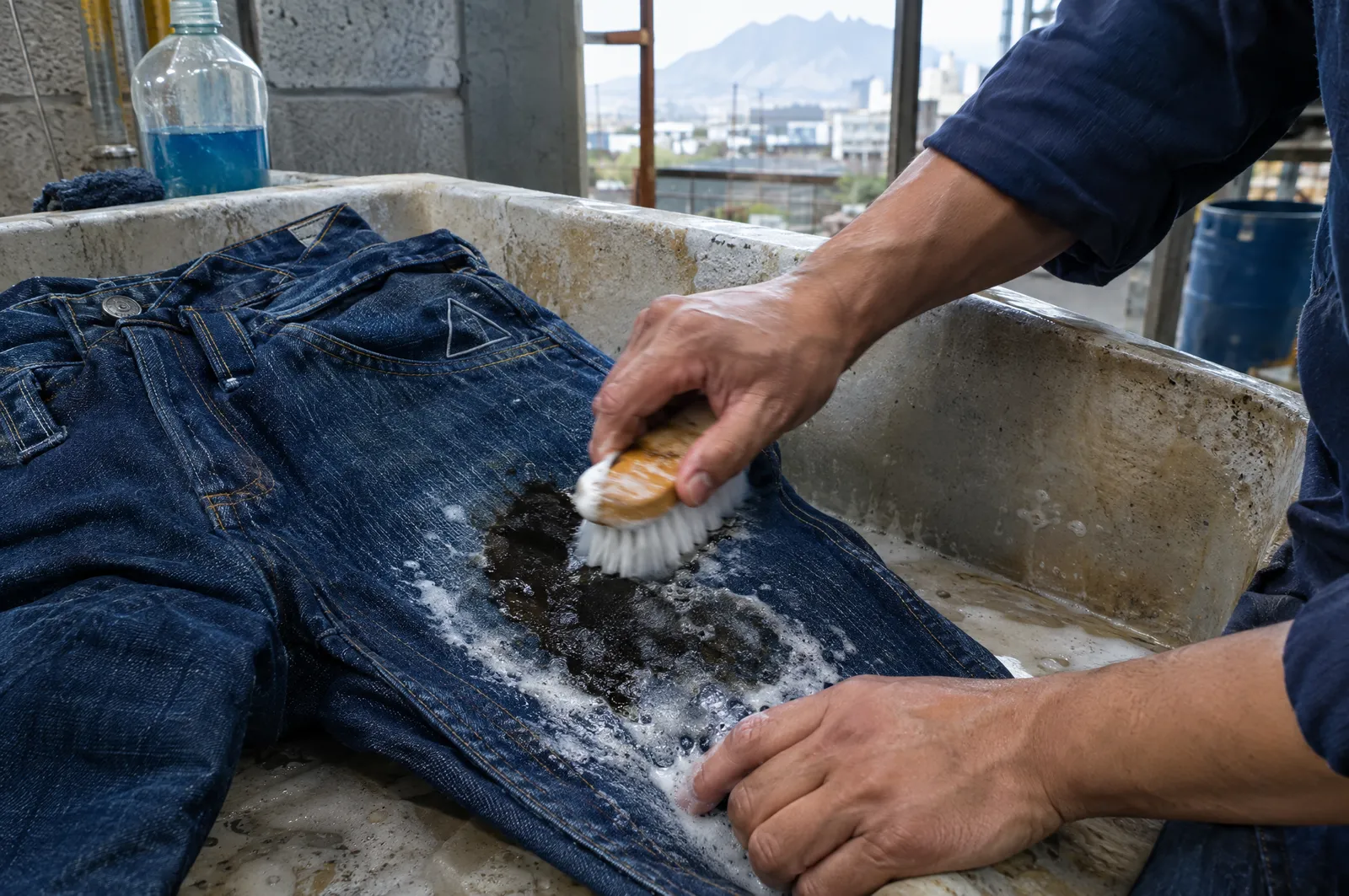 Manos tratando una mancha de grasa en un pantalón de mezclilla antes de lavarlo