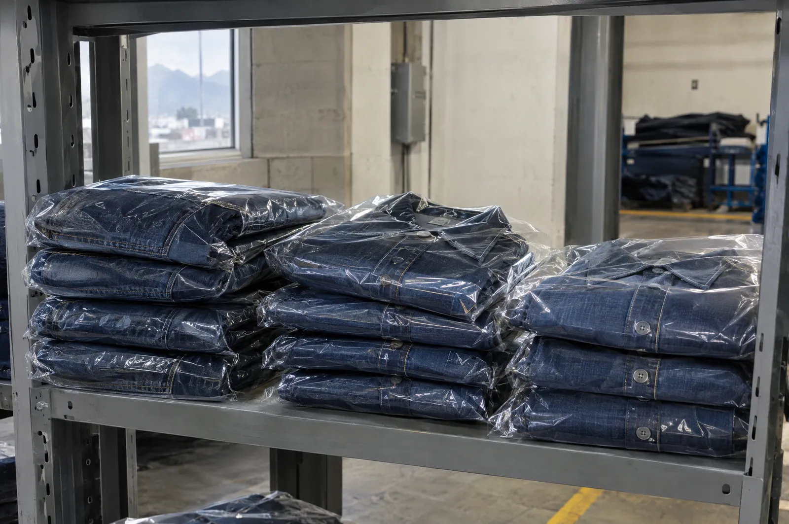 Estante de almacén con pantalones y camisas de mezclilla nuevos, embolsados y apilados por talla