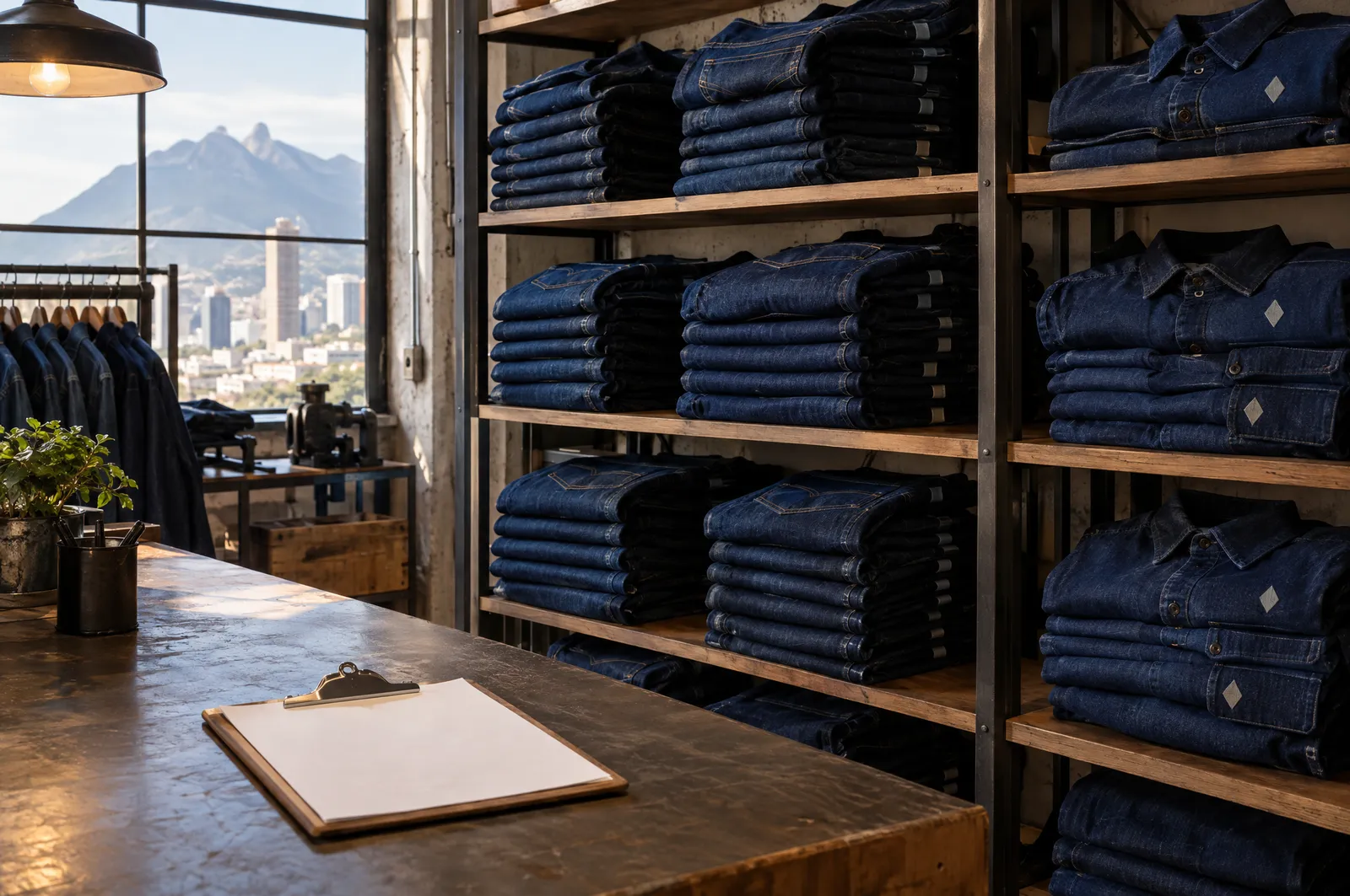 Pantalones y camisas de mezclilla apilados por talla en los estantes de una tienda