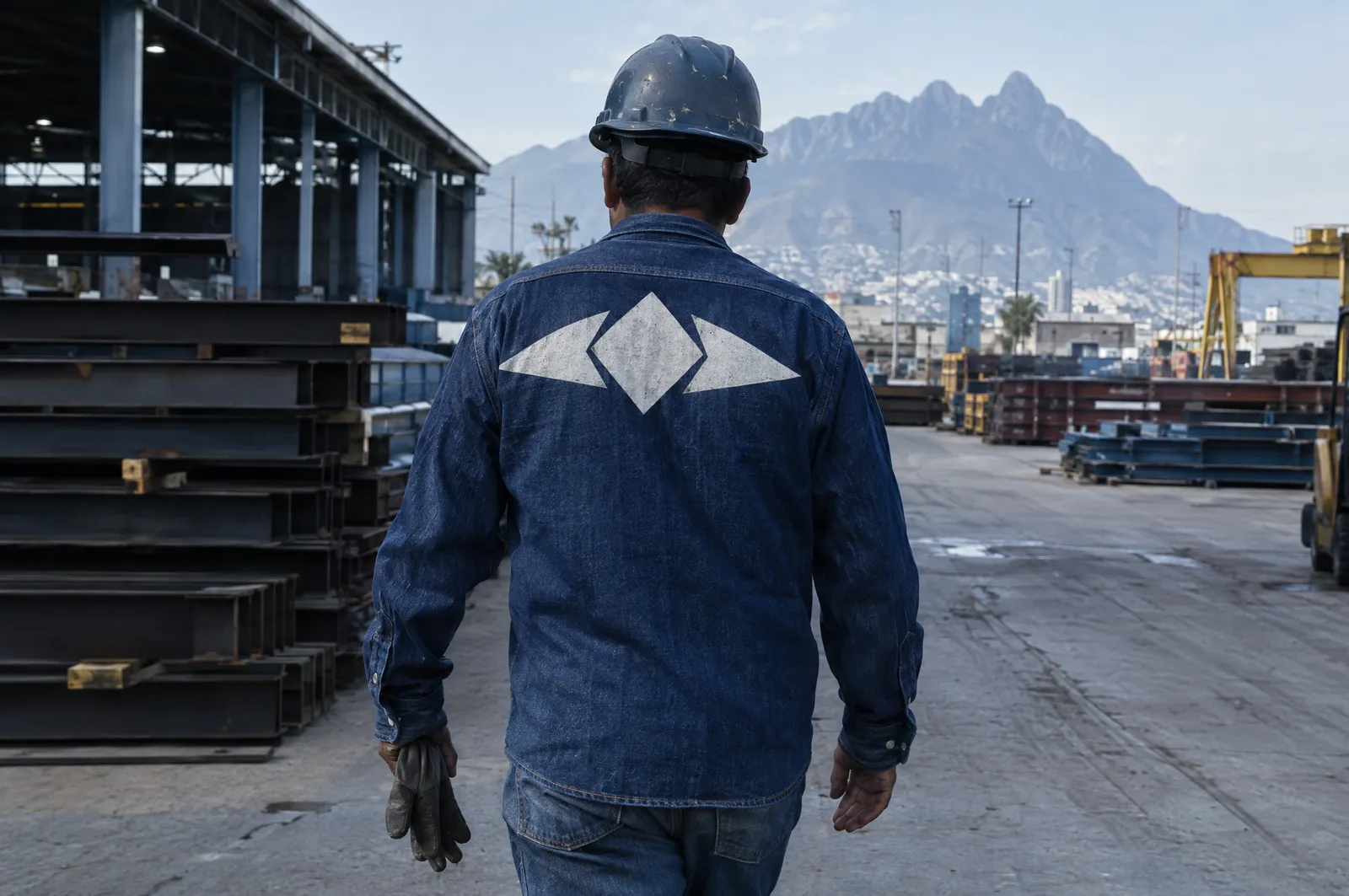 Espalda de una camisa de mezclilla con un emblema grande impreso en serigrafía