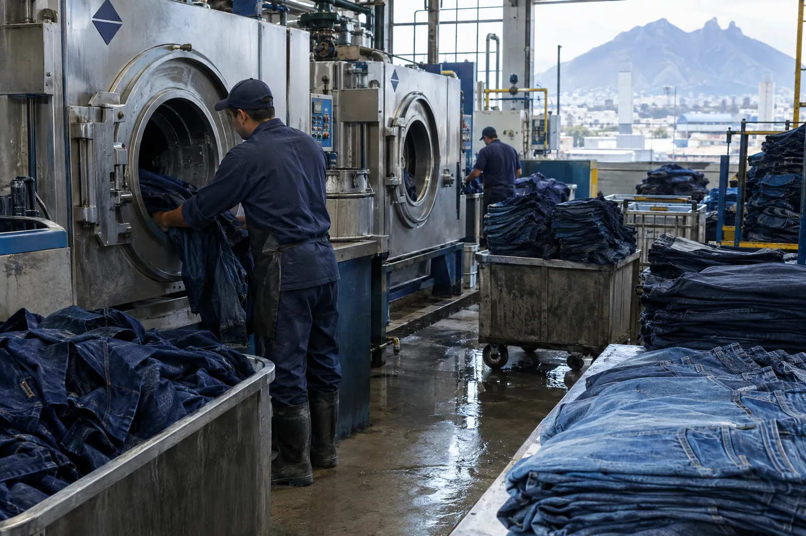 Lavadoras industriales y pantalones de mezclilla en una fábrica