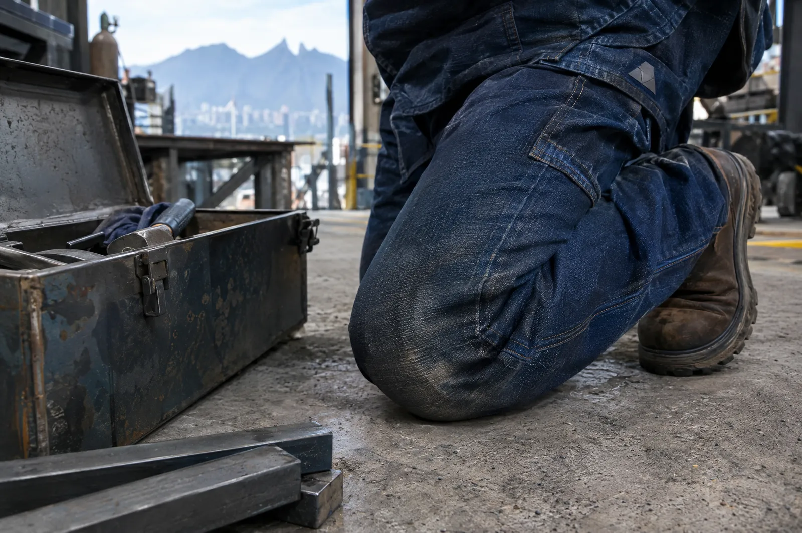 Rodilla de un trabajador con pantalón de mezclilla hincado sobre piso de concreto junto a una caja de herramienta