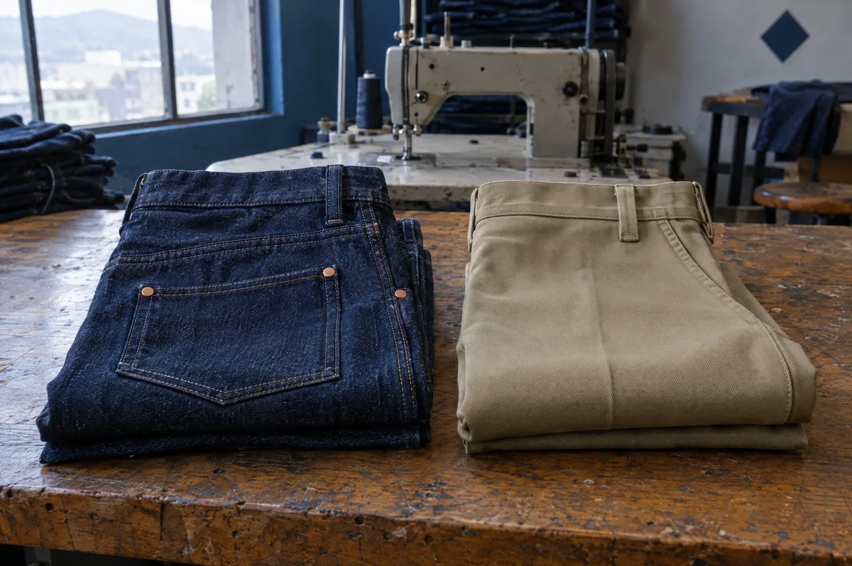 Pantalón de mezclilla azul índigo y pantalón de gabardina caqui doblados lado a lado sobre una mesa de taller