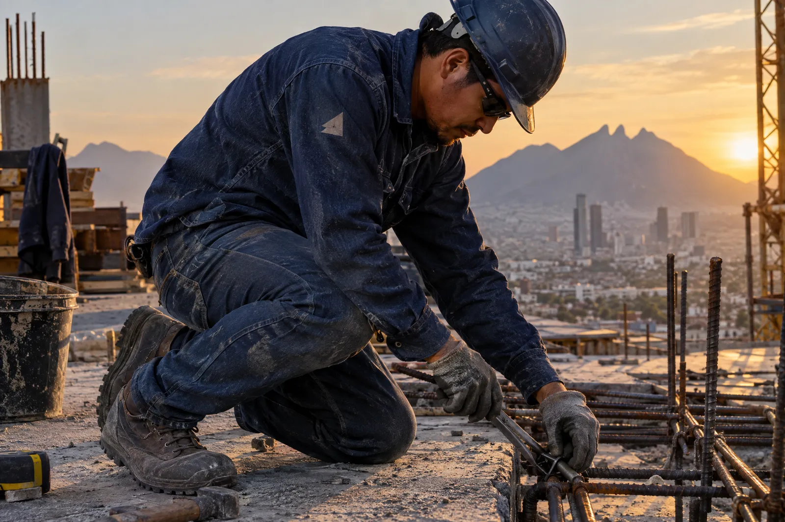 Trabajador hincado en una obra con pantalón de mezclilla de trabajo