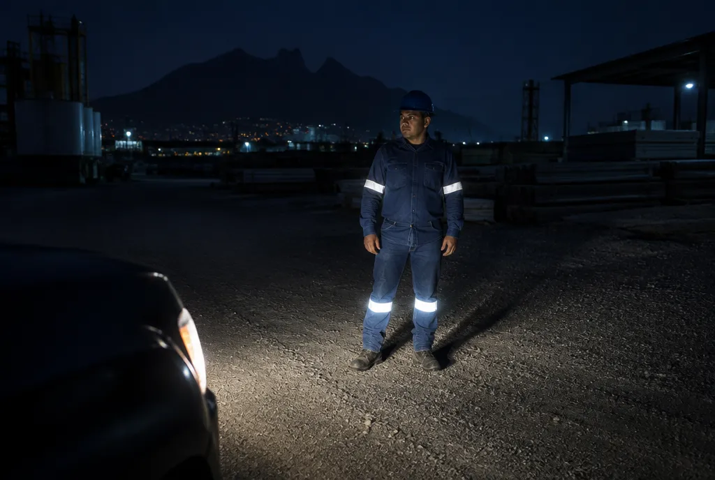 De noche, la cinta reflejante de un uniforme de mezclilla brilla con los faros