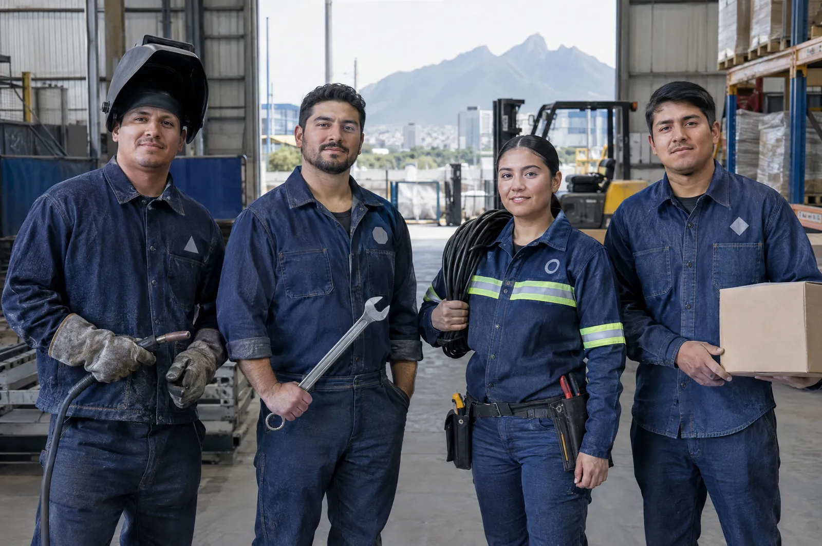 Soldador, mecánico, electricista y almacenista con uniforme de mezclilla