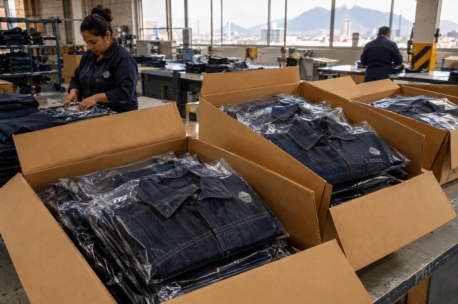 Cajas con uniformes de mezclilla doblados y embolsados por talla