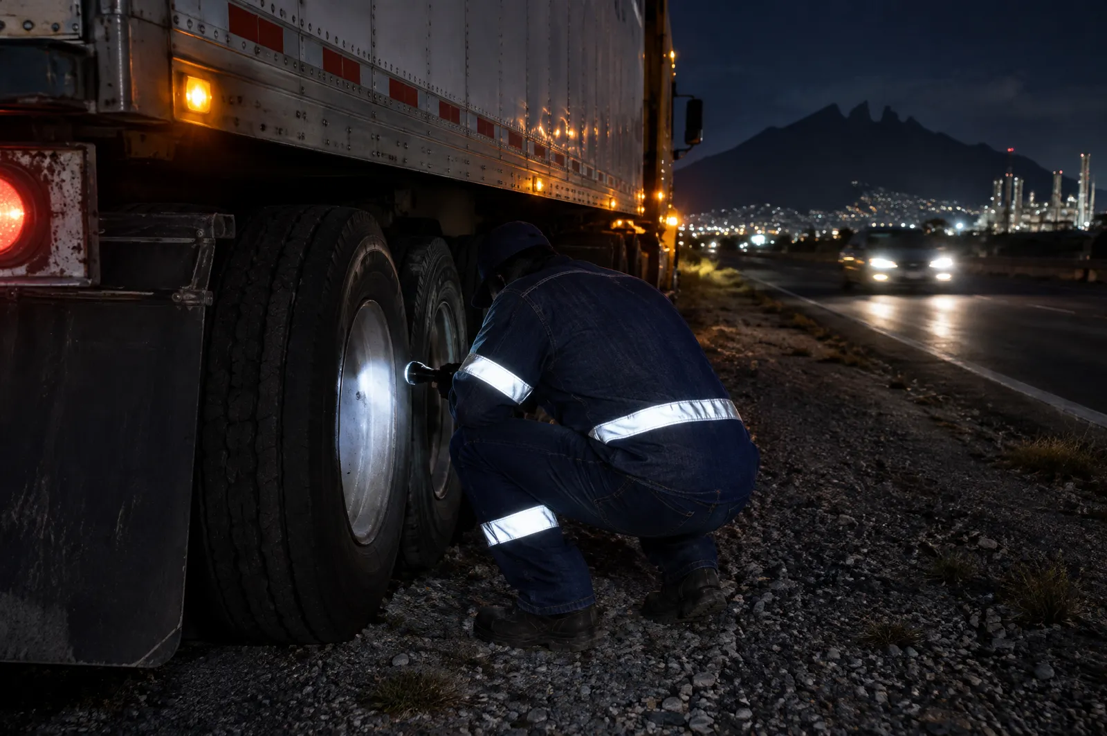 De noche, un operador con uniforme de mezclilla con cinta reflejante revisa una llanta del tráiler en la orilla de la carretera