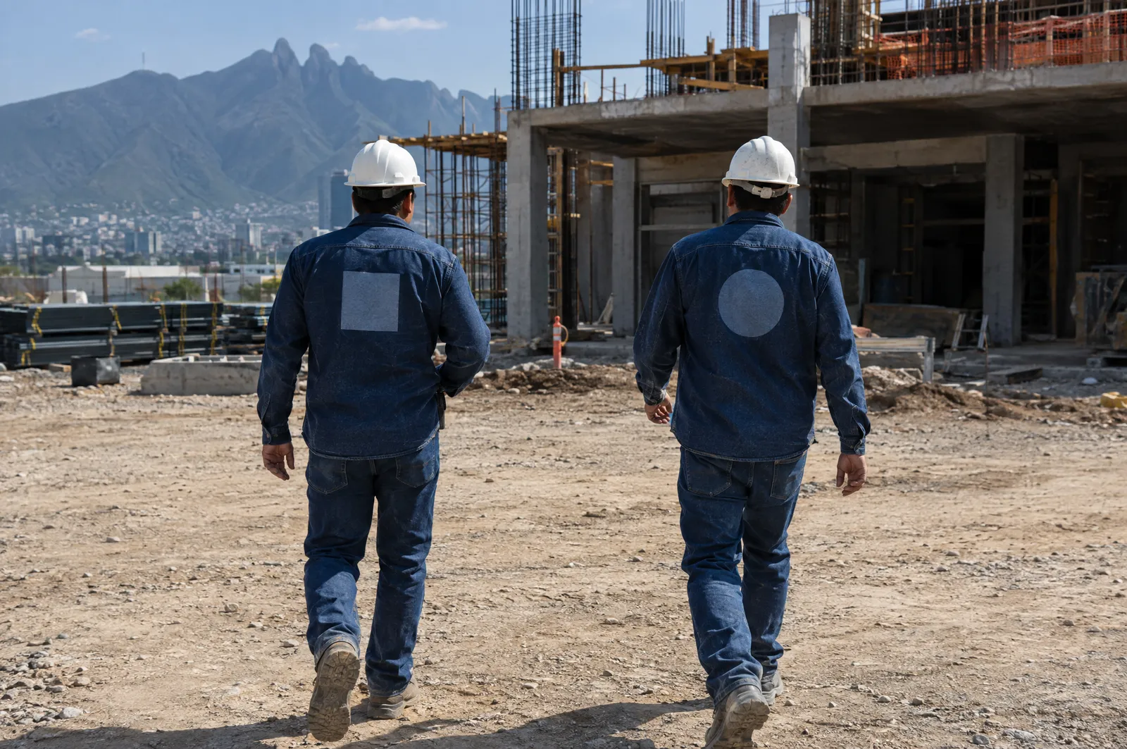 Dos trabajadores de espaldas en una obra con camisas de mezclilla que llevan emblemas distintos en la espalda, uno por cuadrilla