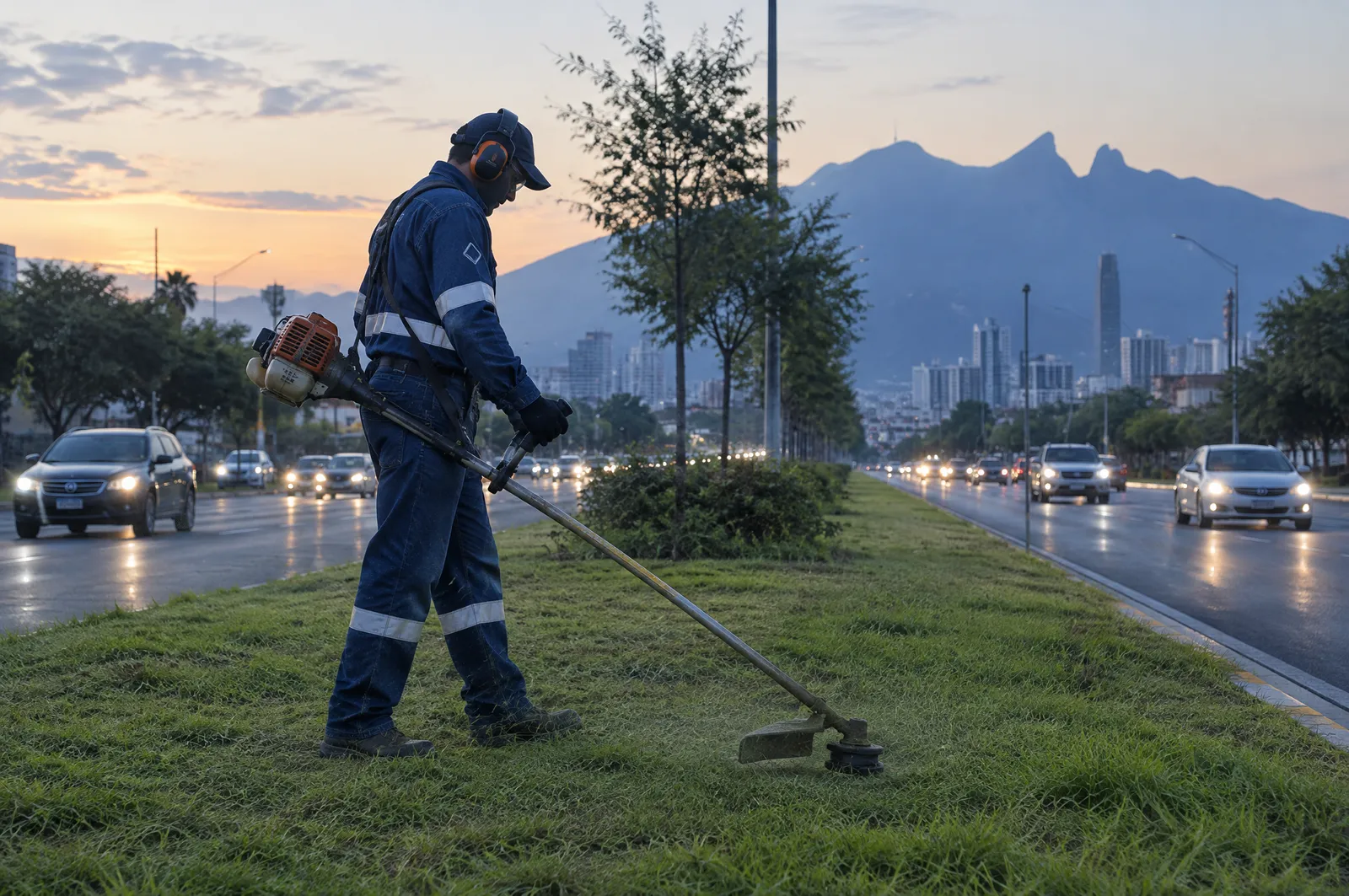 Trabajador de áreas verdes con uniforme de mezclilla con cinta reflejante pasando la desbrozadora en el camellón de una avenida al amanecer