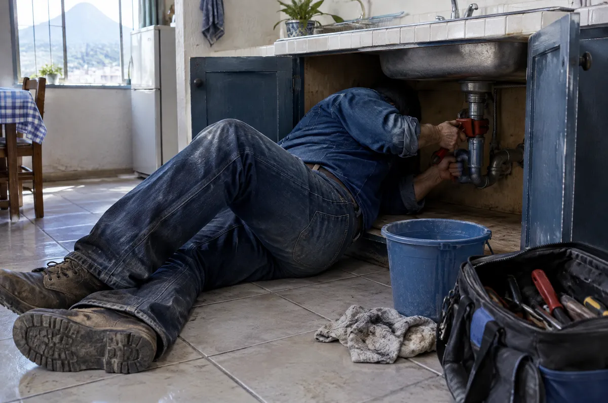 Plomero con camisa y pantalón de mezclilla acostado en el piso de una cocina apretando con llave Stillson el desagüe debajo del fregadero