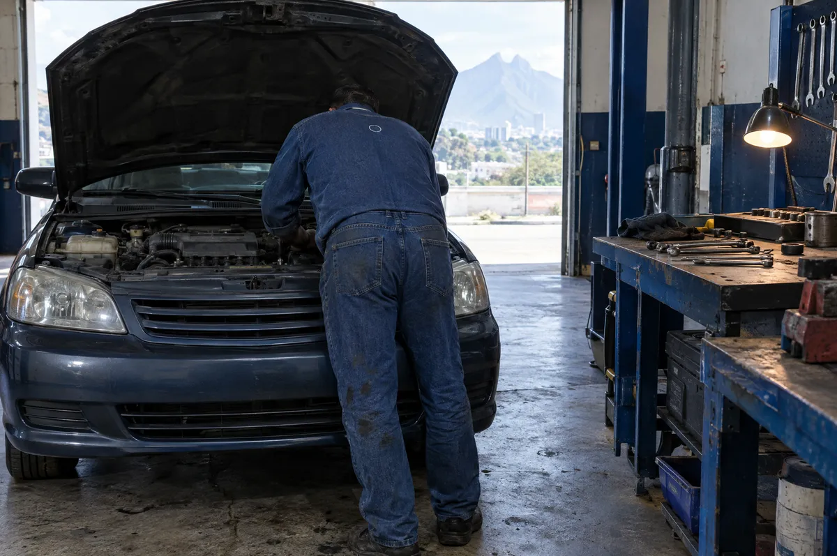 Mecánico de espaldas con pantalón y camisa de mezclilla, inclinado sobre el motor abierto de un auto en un taller con herramienta sobre el banco