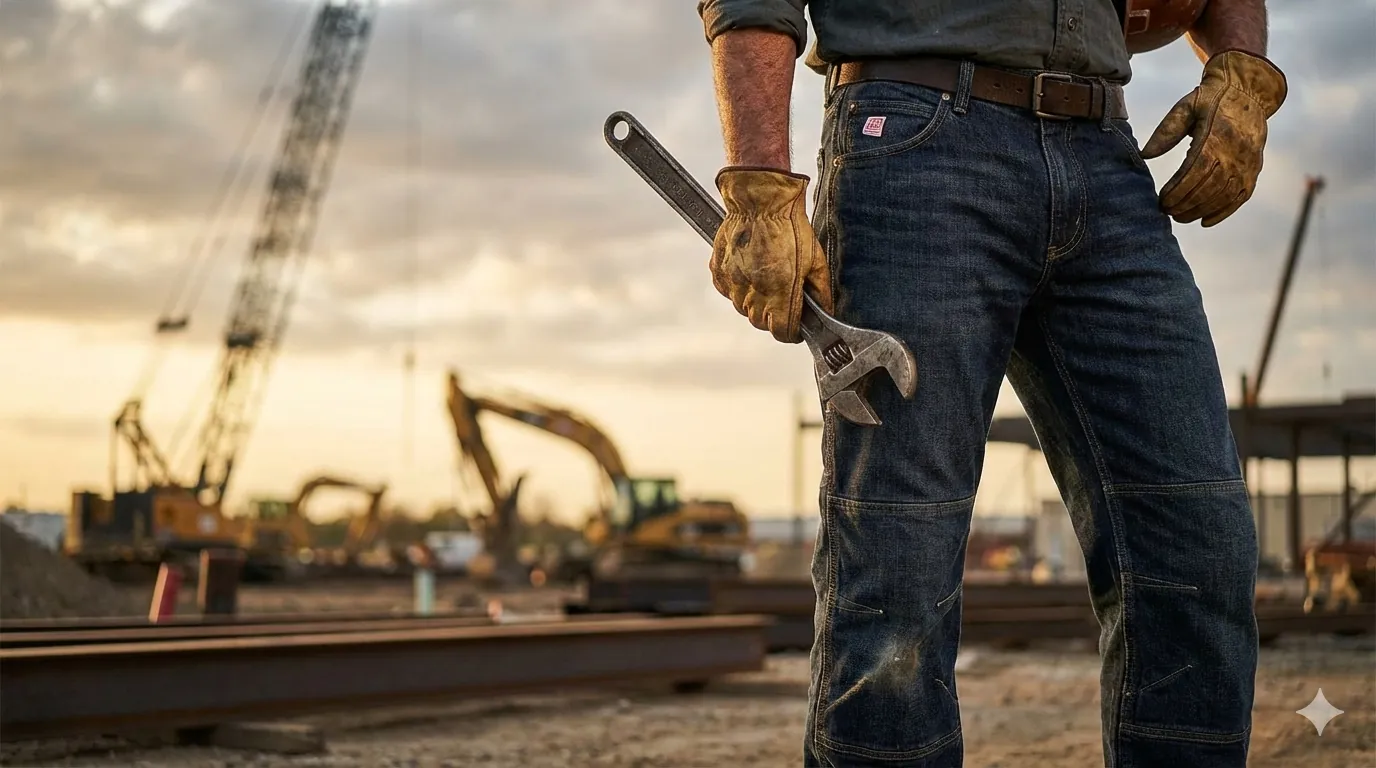 Trabajador con pantalón de mezclilla y guantes de carnaza sosteniendo una llave inglesa en una obra al atardecer