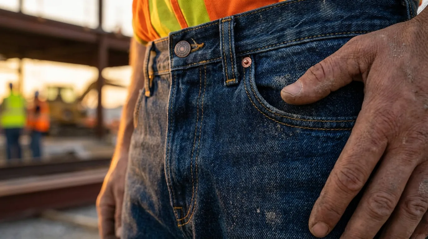 Acercamiento a un pantalón de mezclilla de trabajo con chaleco de alta visibilidad en una zona industrial