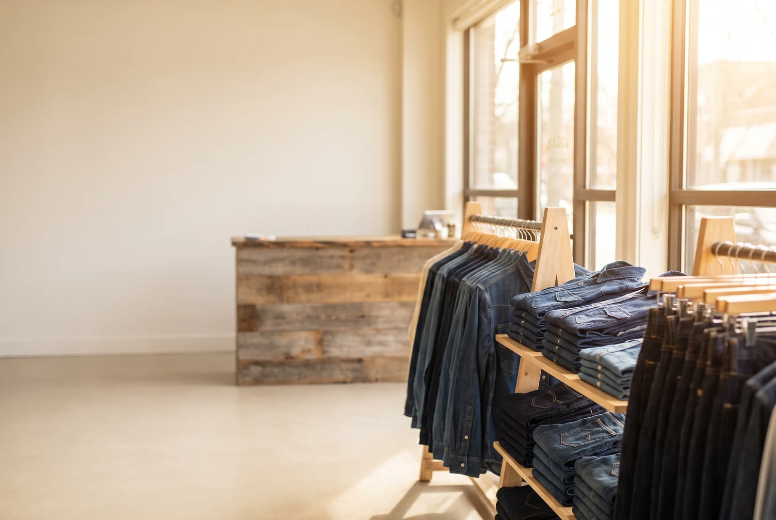 Tienda con pantalones y camisas de mezclilla doblados y colgados en exhibidores de madera